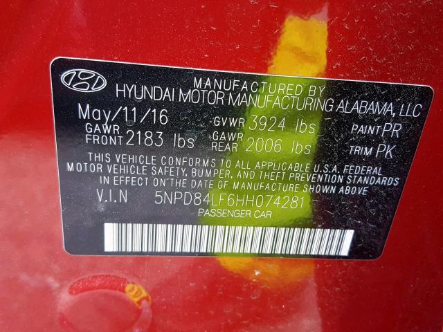 5NPD84LF6HH074281 - 2017 HYUNDAI ELANTRA RED photo 10