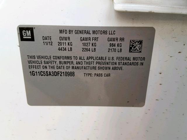 1G11C5SA3DF210988 - 2013 CHEVROLET MALIBU 1LT 白色 照片 10