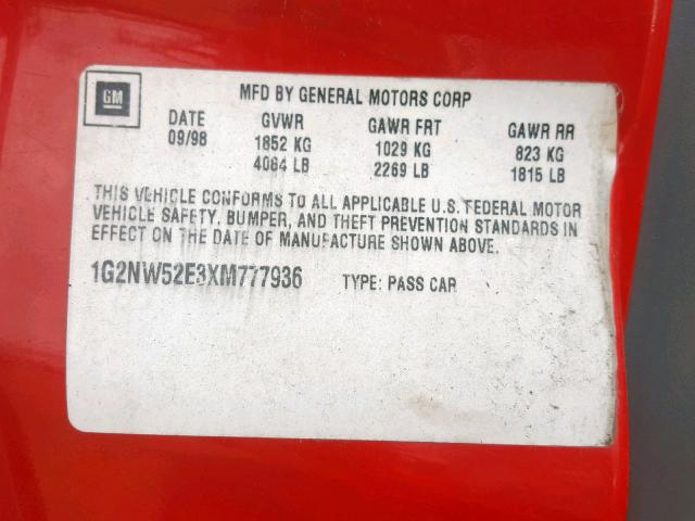 1G2NW52E3XM777936 - 1999 PONTIAC GRAND AM G RED photo 10