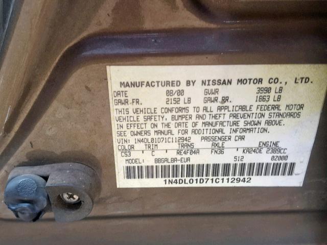 1N4DL01D71C112942 - 2001 NISSAN ALTIMA XE TAN photo 10