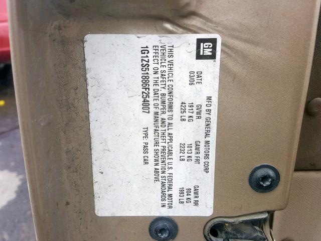 1G1ZS51886F254007 - 2006 CHEVROLET MALIBU LS GOLD photo 10