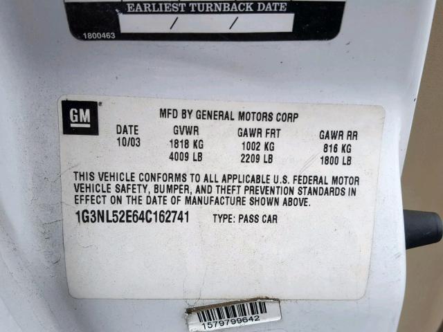 1G3NL52E64C162741 - 2004 OLDSMOBILE ALERO GL WHITE photo 10