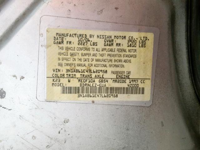 3N1AB61E47L620958 - 2007 NISSAN SENTRA 2.0 SILVER photo 10