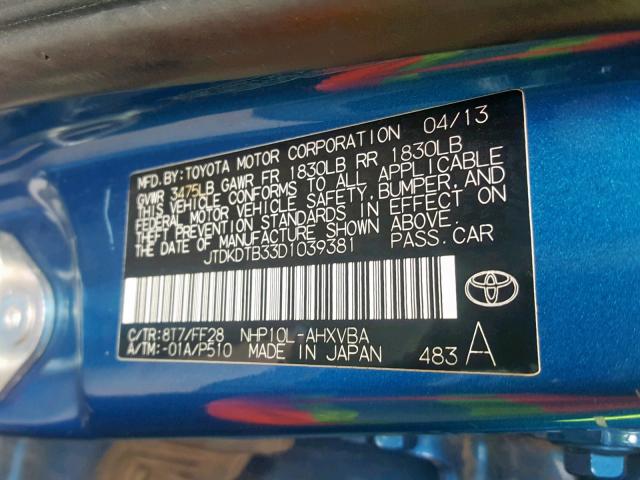 JTDKDTB33D1039381 - 2013 TOYOTA PRIUS C BLUE photo 10