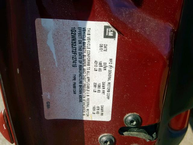 1G2WK52J72F127419 - 2002 PONTIAC GRAND PRIX MAROON photo 10