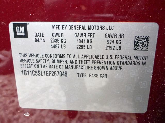 1G11C5SL1EF267046 - 2014 CHEVROLET MALIBU 1LT MAROON photo 12