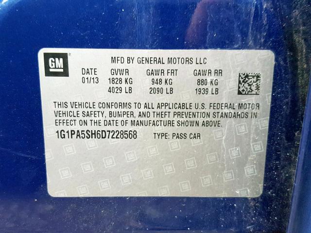 1G1PA5SH6D7228568 - 2013 CHEVROLET CRUZE LS BLUE photo 10