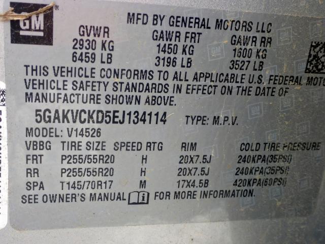 5GAKVCKD5EJ134114 - 2014 BUICK ENCLAVE SILVER photo 10