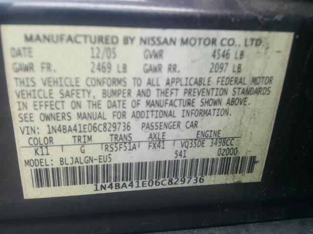 1N4BA41E06C829736 - 2006 NISSAN MAXIMA SE GRAY photo 10