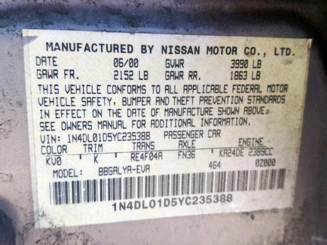 1N4DL01D5YC235388 - 2000 NISSAN ALTIMA XE GOLD photo 10