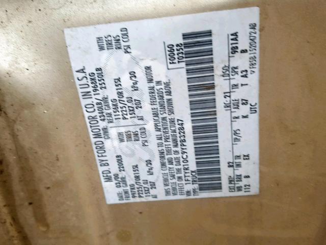 1FTYR10C9YPB32847 - 2000 FORD RANGER GOLD photo 10