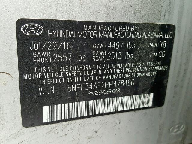 5NPE34AF2HH478460 - 2017 HYUNDAI SONATA SPO SILVER photo 10