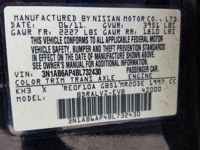 3N1AB6AP4BL732430 - 2011 NISSAN SENTRA 2.0 BLACK photo 10