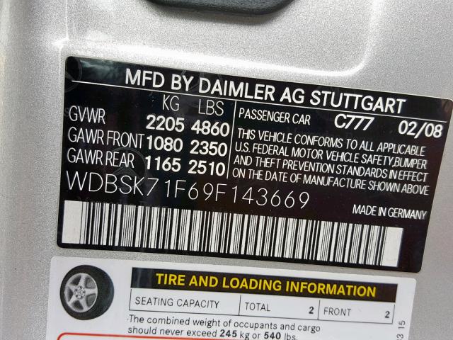 WDBSK71F69F143669 - 2009 MERCEDES-BENZ SL 550 SILVER photo 10