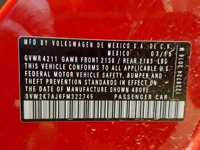 3VW2K7AJ6FM322745 - 2015 VOLKSWAGEN JETTA BASE Կարմիր լուսանկար 10