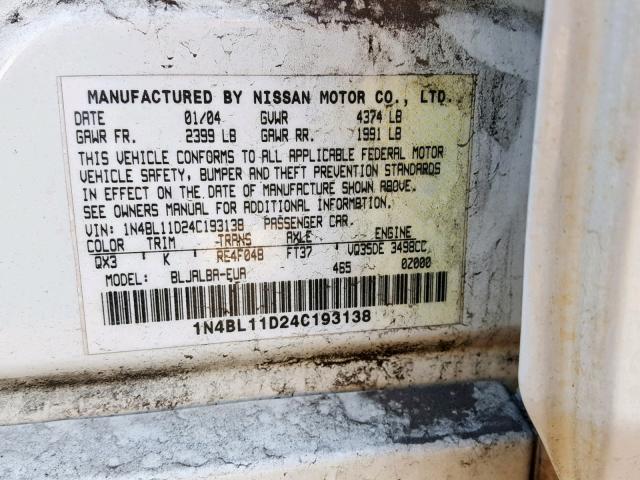 1N4BL11D24C193138 - 2004 NISSAN ALTIMA SE WHITE photo 10