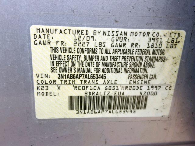 3N1AB6AP7AL653445 - 2010 NISSAN SENTRA 2.0 SILVER photo 10