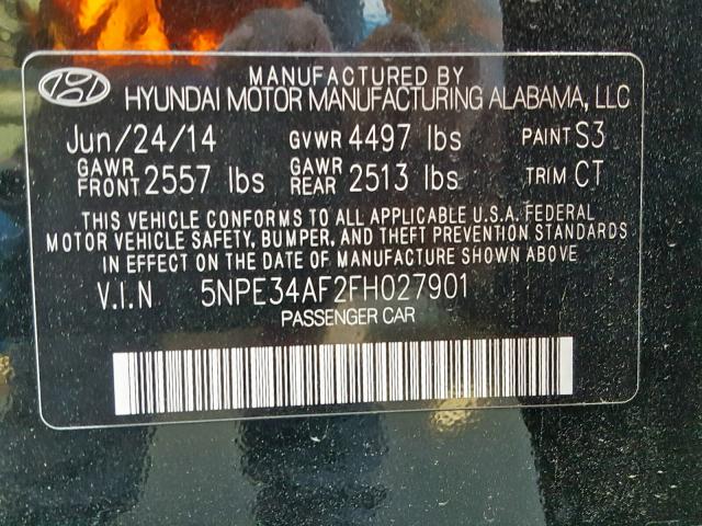 5NPE34AF2FH027901 - 2015 HYUNDAI SONATA SPO BLACK photo 10