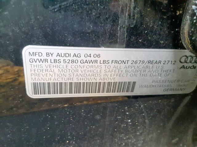 WAUDH74F56N179890 - 2006 AUDI A6 3.2 QUA BLACK photo 10