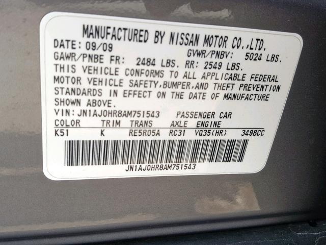 JN1AJ0HR8AM751543 - 2010 INFINITI EX35 BASE GRAY photo 10