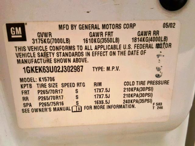 1GKEK63U02J302987 - 2002 GMC DENALI WHITE photo 10