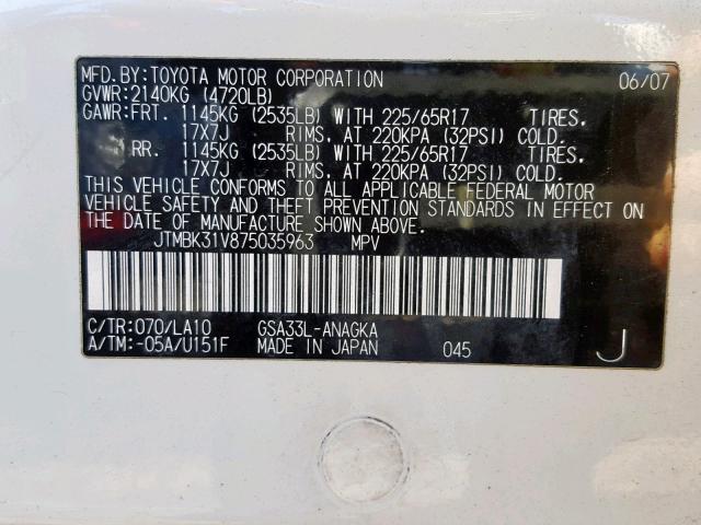 JTMBK31V875035963 - 2007 TOYOTA RAV4 LIMIT WHITE photo 10