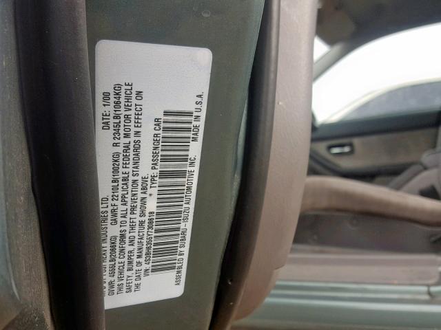 4S3BH6355Y7308618 - 2000 SUBARU LEGACY L GREEN photo 10