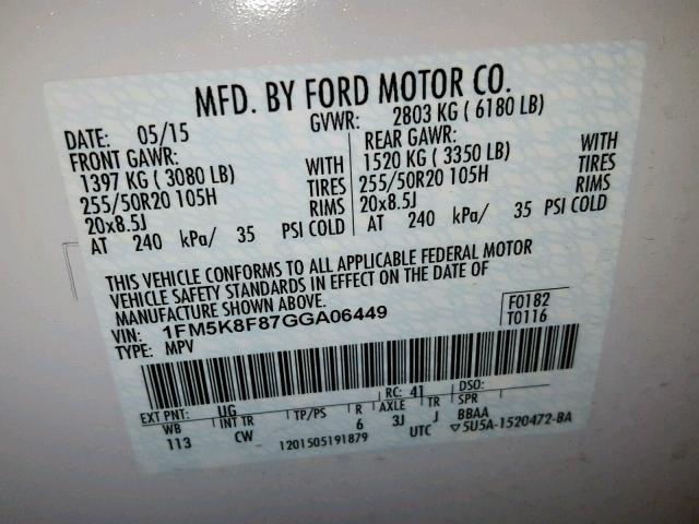 1FM5K8F87GGA06449 - 2016 FORD EXPLORER L WHITE photo 10