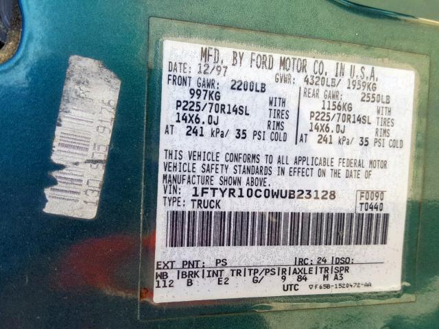 1FTYR10C0WUB23128 - 1998 FORD RANGER GREEN photo 10