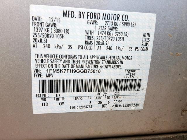 1FM5K7FH9GGB75818 - 2016 FORD EXPLORER L SILVER photo 10