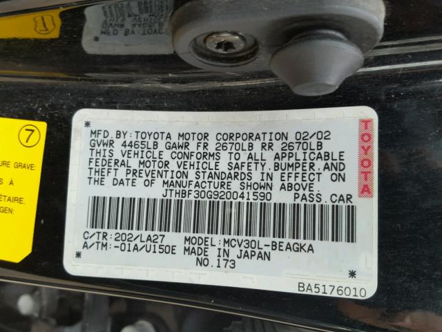 JTHBF30G920041590 - 2002 LEXUS ES 300 BLACK photo 10