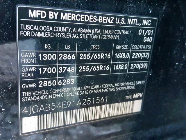 4JGAB54E91A251561 - 2001 MERCEDES-BENZ ML 320 BLACK photo 10