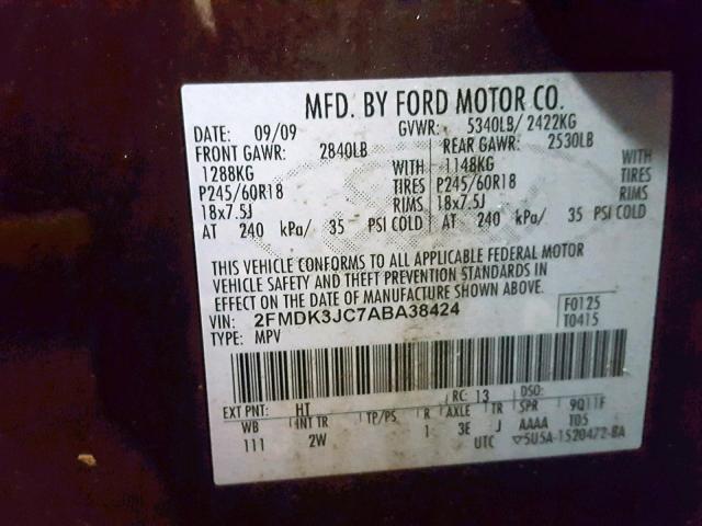 2FMDK3JC7ABA38424 - 2010 FORD EDGE SEL MAROON photo 10