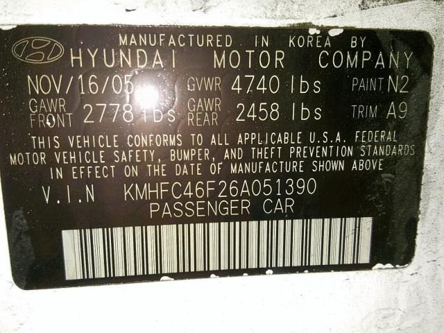 KMHFC46F26A051390 - 2006 HYUNDAI AZERA SE WHITE photo 10