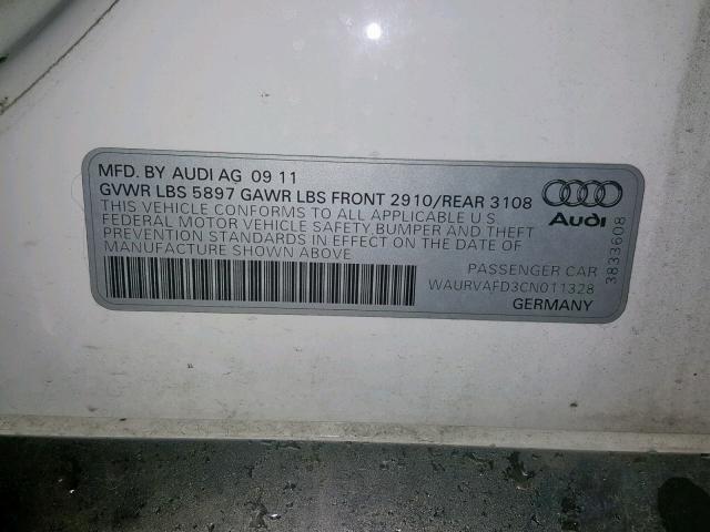 WAURVAFD3CN011328 - 2012 AUDI A8 L QUATT WHITE photo 10