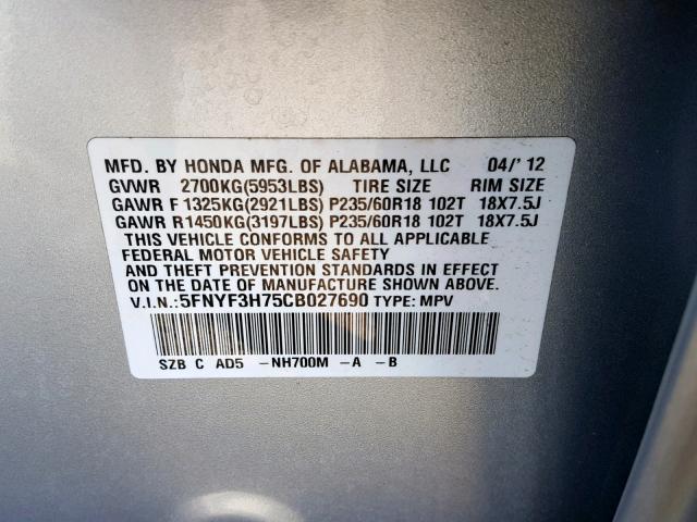 5FNYF3H75CB027690 - 2012 HONDA PILOT EXLN SILVER photo 10