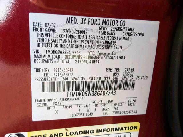 1FMDK05W38GA07743 - 2008 FORD TAURUS X S MAROON photo 10