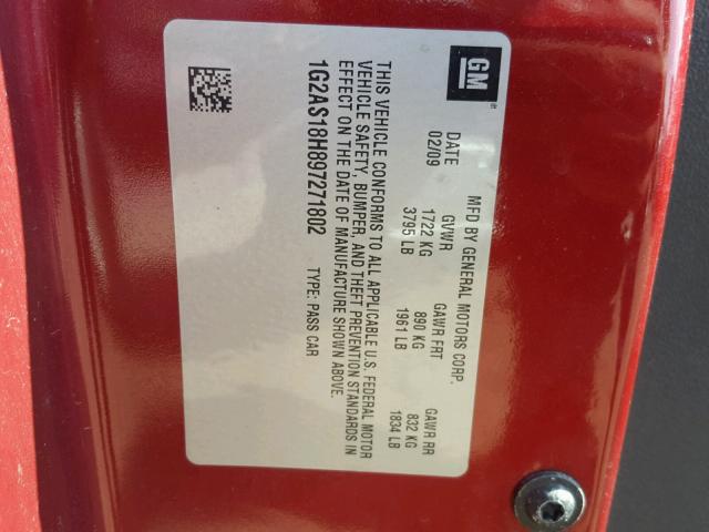 1G2AS18H897271802 - 2009 PONTIAC G5 MAROON photo 10