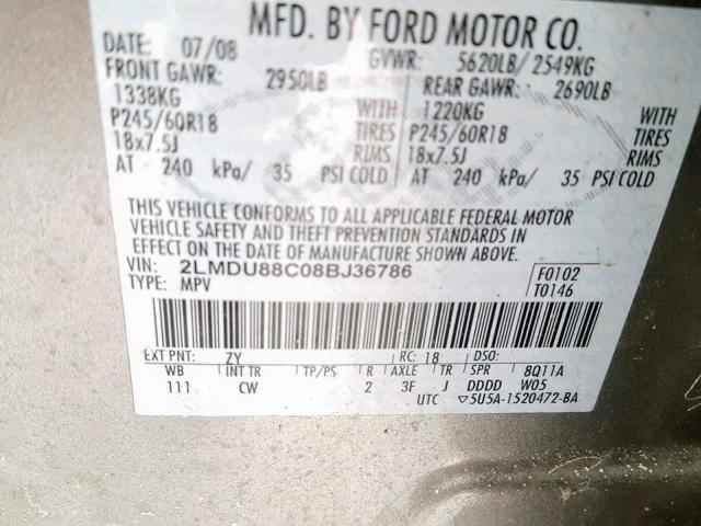 2LMDU88C08BJ36786 - 2008 LINCOLN MKX GRAY photo 10