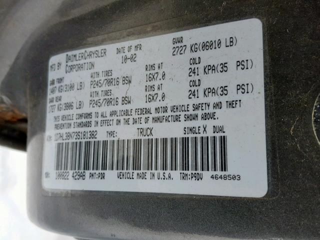 1D7HL38N73S181382 - 2003 DODGE DAKOTA QUA GRAY photo 10