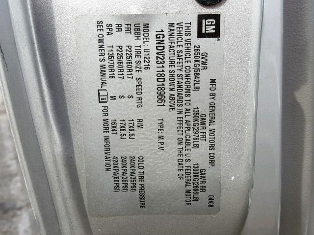 1GNDV23118D189661 - 2008 CHEVROLET UPLANDER L ვერცხლისფერი ფოტო 10