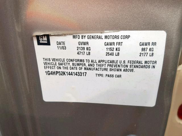 1G4HP52K144143317 - 2004 BUICK LESABRE CU GOLD photo 10