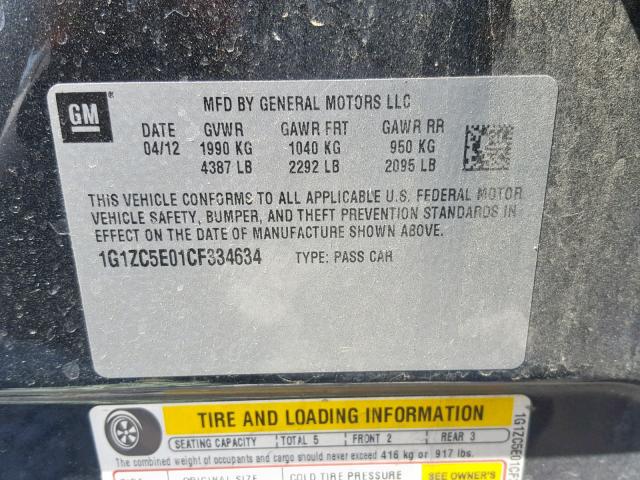 1G1ZC5E01CF334634 - 2012 CHEVROLET MALIBU 1LT 黑色 照片 10