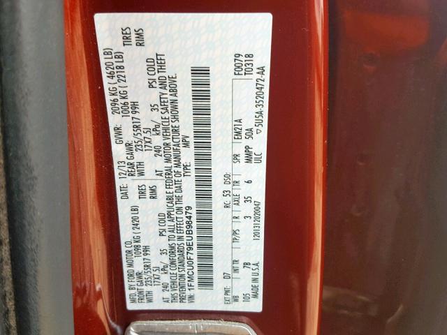 1FMCU0F79EUB98479 - 2014 FORD ESCAPE S RED photo 10