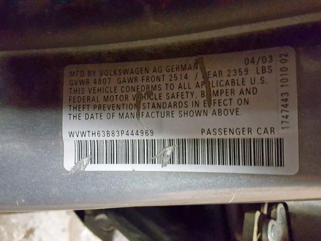 WVWTH63B83P444969 - 2003 VOLKSWAGEN PASSAT GLX 灰色 照片 10