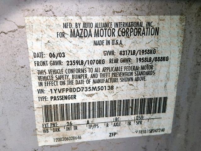 1YVFP80D735M50138 - 2003 MAZDA 6 S SILVER photo 10