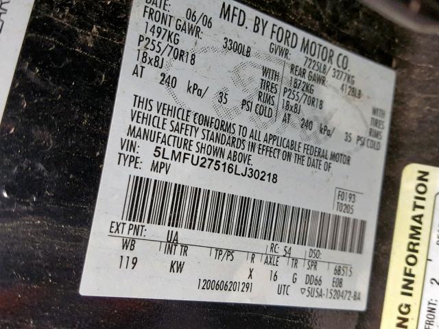 5LMFU27516LJ30218 - 2006 LINCOLN NAVIGATOR BLACK photo 10