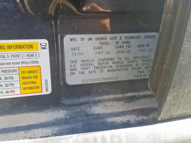 KL1TD56627B040113 - 2007 CHEVROLET AVEO BASE შავი ფოტო 10