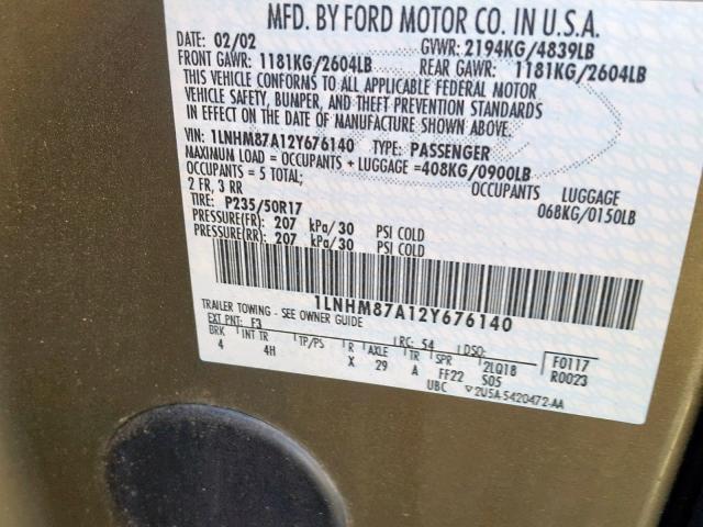 1LNHM87A12Y676140 - 2002 LINCOLN LS GREEN photo 10