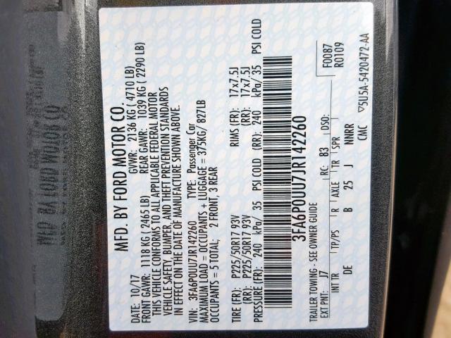 3FA6P0UU7JR142260 - 2018 FORD FUSION S H GRAY photo 10